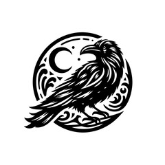 Mystical raven with moon isolated on white background detailed illustration