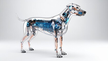 A futuristic robotic dog with transparent panels revealing intricate circuits and glowing blue energy cores, standing alert in a sterile white environment—symbolizing loyalty reimagined through advanc