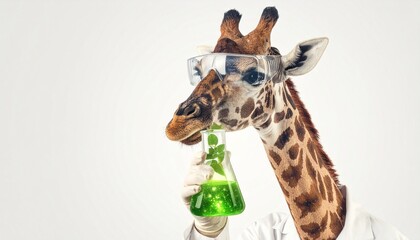 A giraffe dressed as a scientist wearing goggles and a lab coat, sniffing a green chemical in a beaker—blending absurdity with curiosity and the surreal fusion of nature and science.