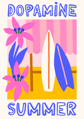 Summer vacation vector illustration. Bold bright retro poster design with surfboards, tropical flowers