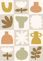 Neutral colors floral vector illustration. Minimalist poster design with flowers and abstract shapes in blocks