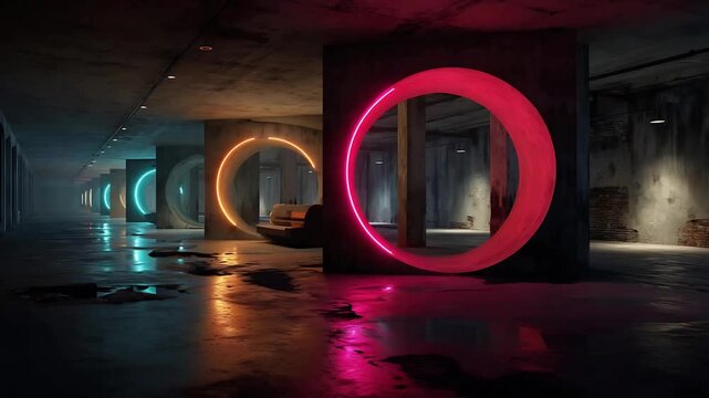 Futuristic underground space with colorful neon circles and reflective wet floor, evoking a modern vibe