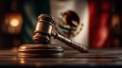 A wooden gavel rests on a circular base, with the Mexican flag blurred in the background, symbolizing justice and law.
