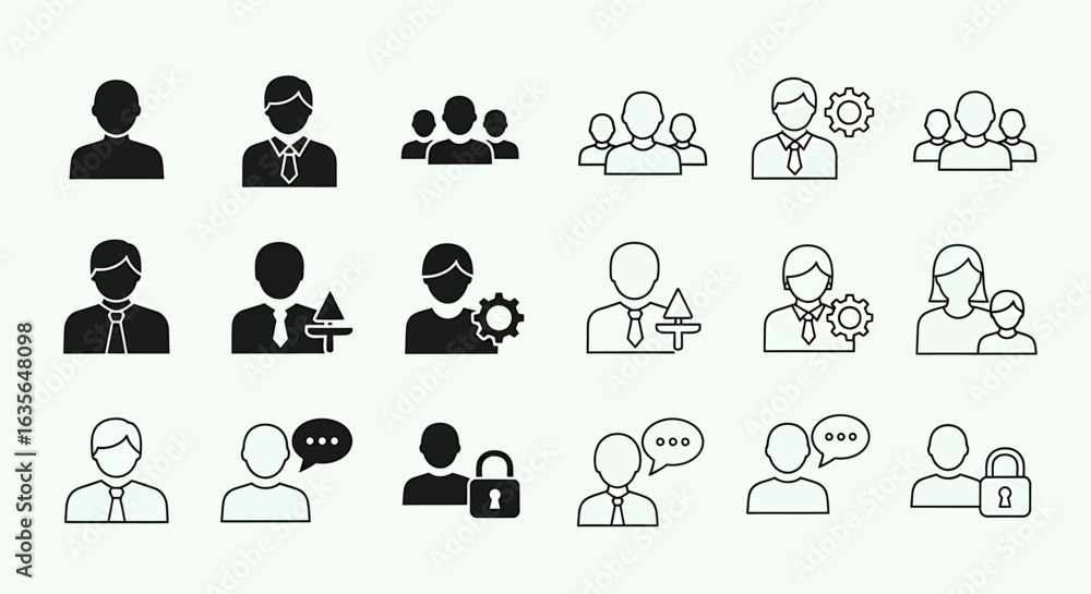 Poster vector icons set of business and user iconography a versatile set of solid and outline people icons.