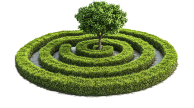 Lush green grass maze with curved pattern isolated on white background
