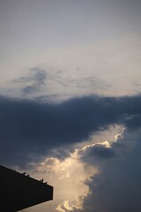 A line of birds on rooftop silhouette.