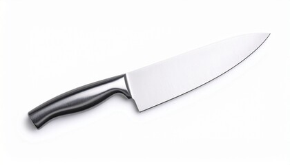 A sharp chef’s knife with a black ergonomic handle, isolated on white—embodying precision, control, and the quiet intensity of culinary craft.