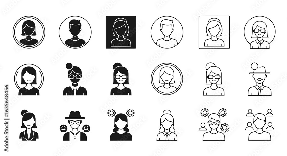 Poster vector icons set of minimalist people icons diverse user avatars in solid and outline vector styles.