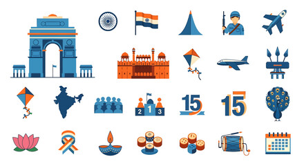 Vector Icons Set of Patriotic Indian Icon Set Modern Flat Illustrations for Independence Day. Vector Illustrations. EPS Editable