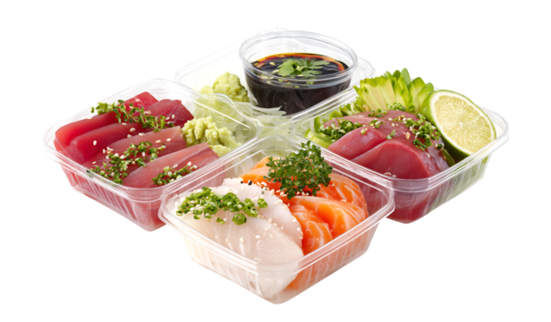 Japanese food Mix Sashimi with soy sauce in plastic tray, take away concept isolated on a transparent background