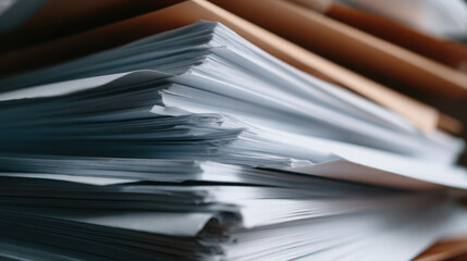 Stack of paper mail sorting with soft light creating calm atmosphere for organized document handling in office environment
