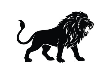 Black silhouette art illustration of a roaring lion in a side profile stance.eps