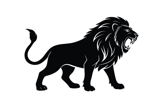Black silhouette art illustration of a roaring lion in a side profile stance.eps