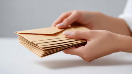 Mail sorting concept with hands holding stack of brown envelopes ready for distribution or delivery in clean setting
