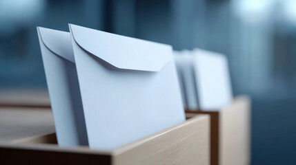 White envelopes in wooden box for mail sorting with soft focus background creating calm and organized atmosphere