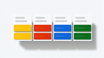 Mail sorting concept with colorful labels on white cards arranged in row casting shadows on clean surface for organized workflow