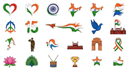 Vector Icons Set of Vibrant Illustrated Collection of Indian Patriotic Icons for National Celebrations. Vector Illustrations. EPS Editable