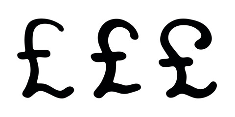 Set of hand drawn british pound currency symbol. Brush stroke doodle. Single element for design