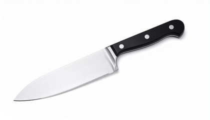 A sharp chef’s knife with a black ergonomic handle, isolated on white—embodying precision, control, and the quiet intensity of culinary craft.