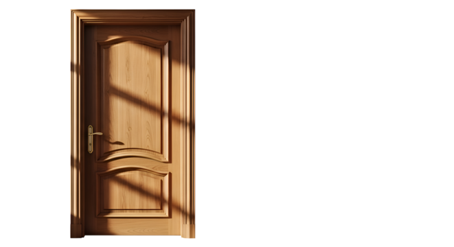 Wooden Door Shines with Sunlight in Dark Room, Creating Contrast and Depth, Interior Design - Powered by Adobe
