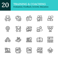 Training & Coaching Outline Icon Sheet Vector Design - representing , evaluation, skill development, feedback, growth, skill building, and education
