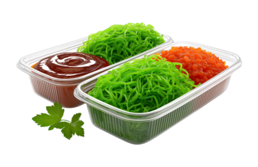 Set of plastic containers with seaweed, miso, and a delicious sauce isolated on a transparent background