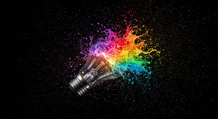 Light Bulb Exploding with Colorful Paint Splashes Concept Illustration