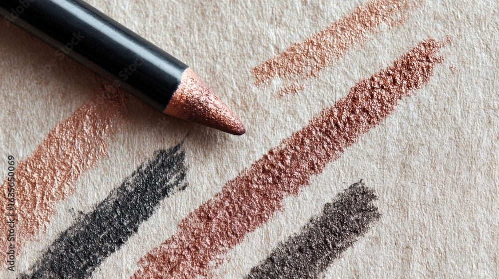 Poster soft eyeshadow smears and eyeliner strokes create an artistic layout on textured paper with a blank 