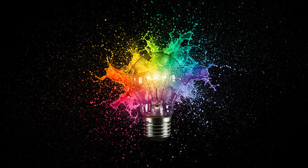 Light Bulb Exploding with Colorful Paint Splashes Concept Illustration