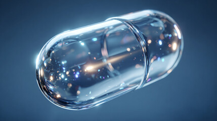 Futuristic translucent capsule floating against a blue medical backdrop with light refraction.
