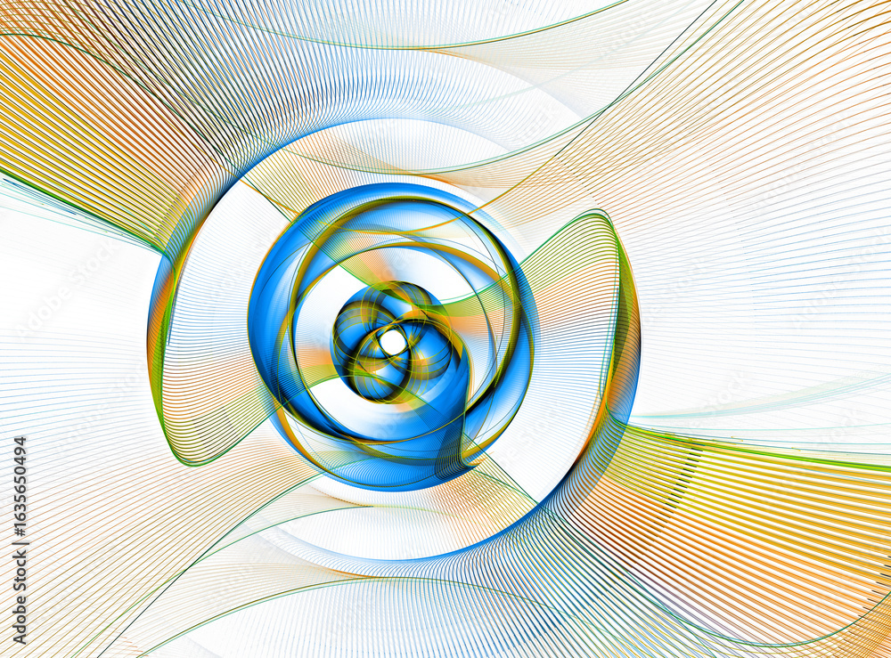 Poster abstract fractal dynamic striped background with blue and yellow arcs, waves and propeller. 3d rende