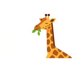 Naklejka premium A charming cartoon giraffe with brown spots peacefully eats fresh green leaves, depicted with closed eyes.
