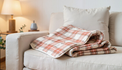 Cozy plaid blanket draped over modern beige linen sofa  