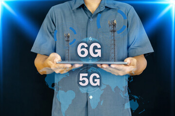 next generation of global communication. The  show the evolution from 5G to 6G technology, , symbolizing worldwide coverage and connectivity. This represents the future of high-speed  internet.