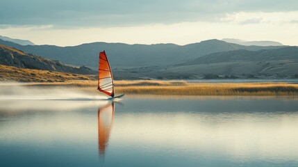 Windsurfer glides across a tranquil lake.