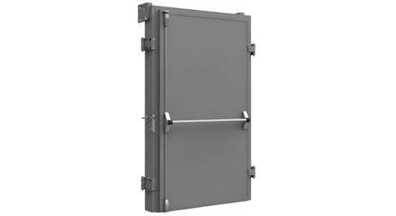 Gray Metal Door Illustrates Emergency Exit System, Featuring Panic Bar and Hinges Detail