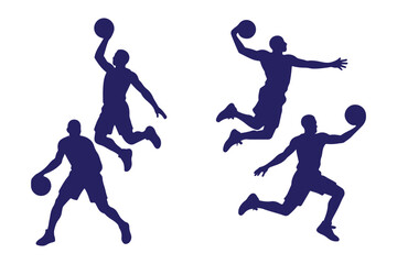 Big set of black vector silhouette basketball player isolated on white