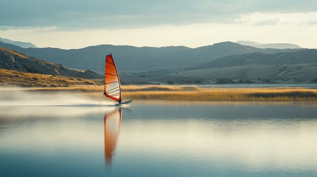 Windsurfer glides across a tranquil lake.