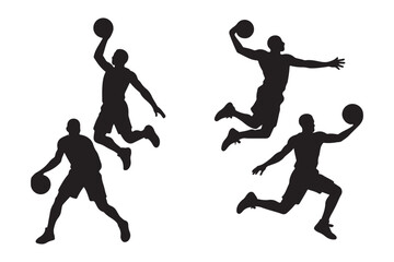 Big set of black vector silhouette basketball player isolated on white