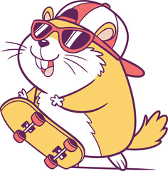 A cheerful cartoon hamster with a stylish baseball cap and sunglasses is ready to shred on its skateboard.