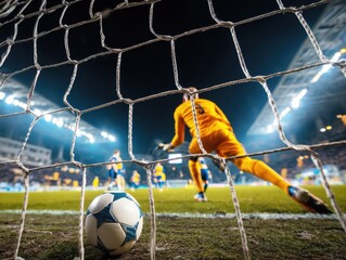Goalkeeper prepares for a penalty kick in an evening soccer match