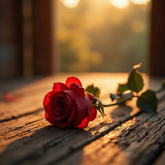 A deep red rose on a wooden background