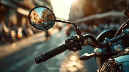 A close-up of a motorcycle's handlebar and mirror, reflecting a blurred street scene, capturing the essence of urban exploration.