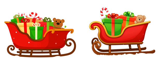 Naklejka premium Set Of Whimsical Cartoon Sleigh with Colorful Presents and Candy Canes, Isolated