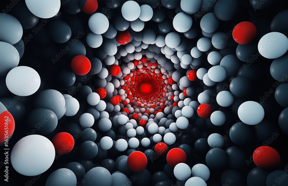 Poster abstract minimalist composition of red, white, and grey spheres forming an intricate spiral pattern 