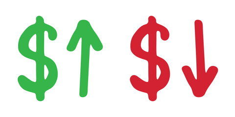 Hand drawn dollar currency symbol Growth and fall profit with arrow up and down Brush stroke doodle Element for design