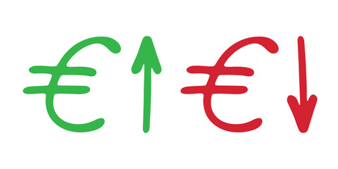 Hand drawn euro currency symbol Growth and fall profit with arrow up and down Brush stroke doodle Element for design