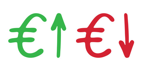Hand drawn euro currency symbol Growth and fall profit with arrow up and down Brush stroke doodle Element for design