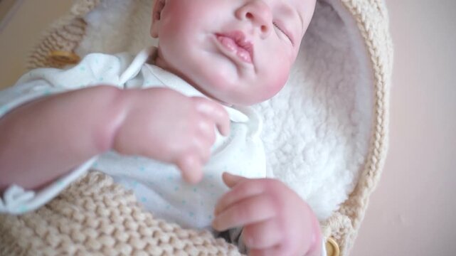 A realistic reborn doll lies peacefully on a soft blanket. The doll has light skin, closed eyes, and a serene expression, dressed in a white onesie.