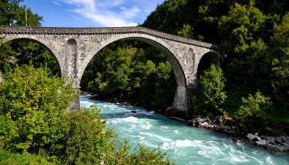 Fototapeta premium Mountain river stone arch bridge